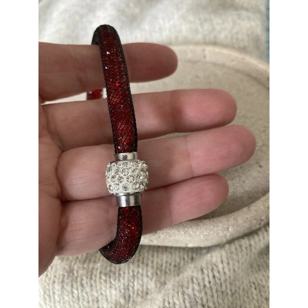 Red Crystal Tube Bracelet Mesh Rhinestone Barrel Clasp Sparkly Magnetic